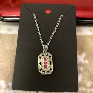 Silver & Gold Tone Fashion Charm with Pink Gemstone Pendant with Necklace